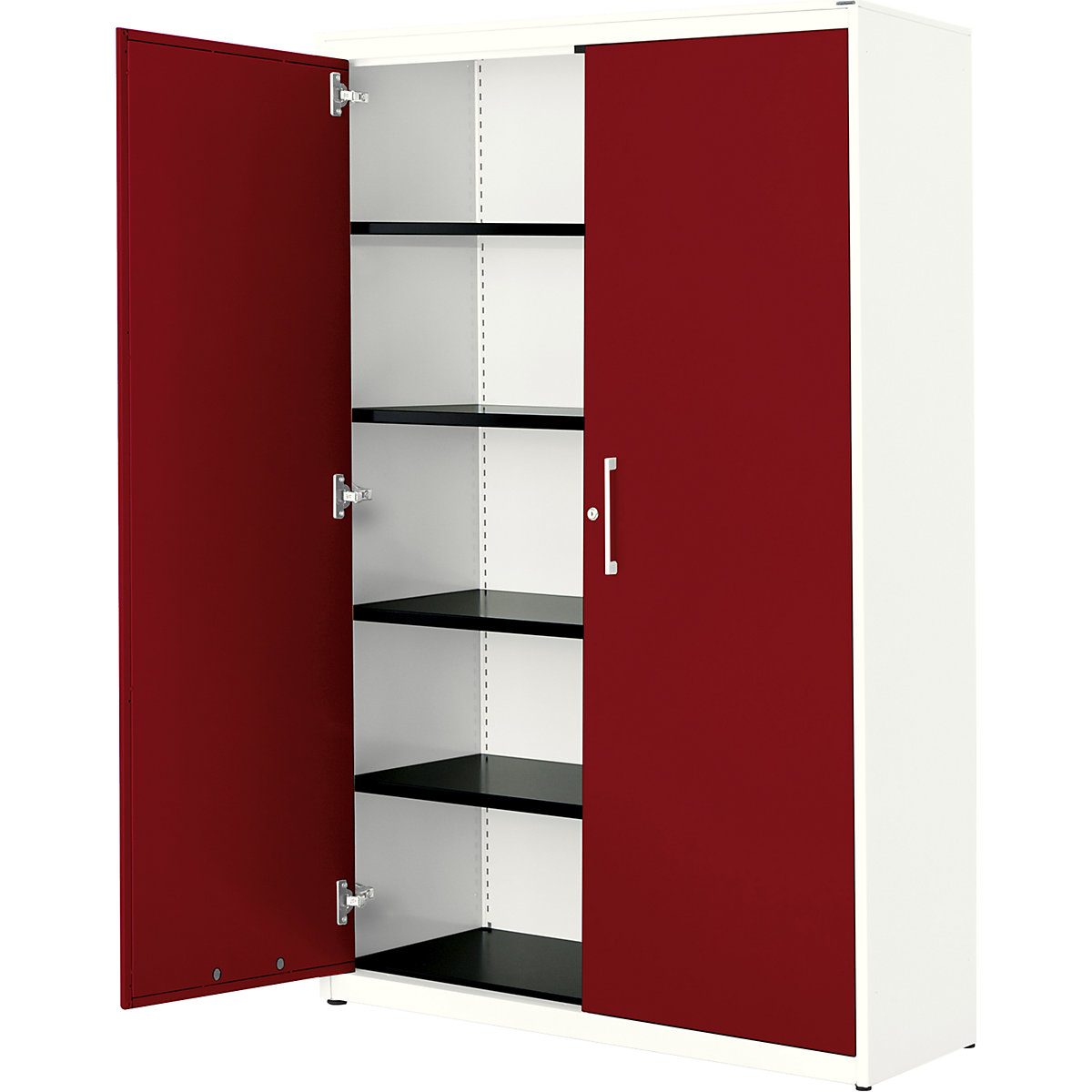 Double door cupboard – mauser, HxW 1956 x 1200 mm, steel cover plate, 4 shelves, pure white / ruby red / pure white-7