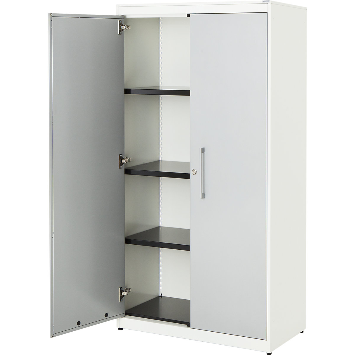 Double door cupboard – mauser, HxW 1516 x 800 mm, steel cover plate, 3 shelves, pure white / white aluminium / pure white-3