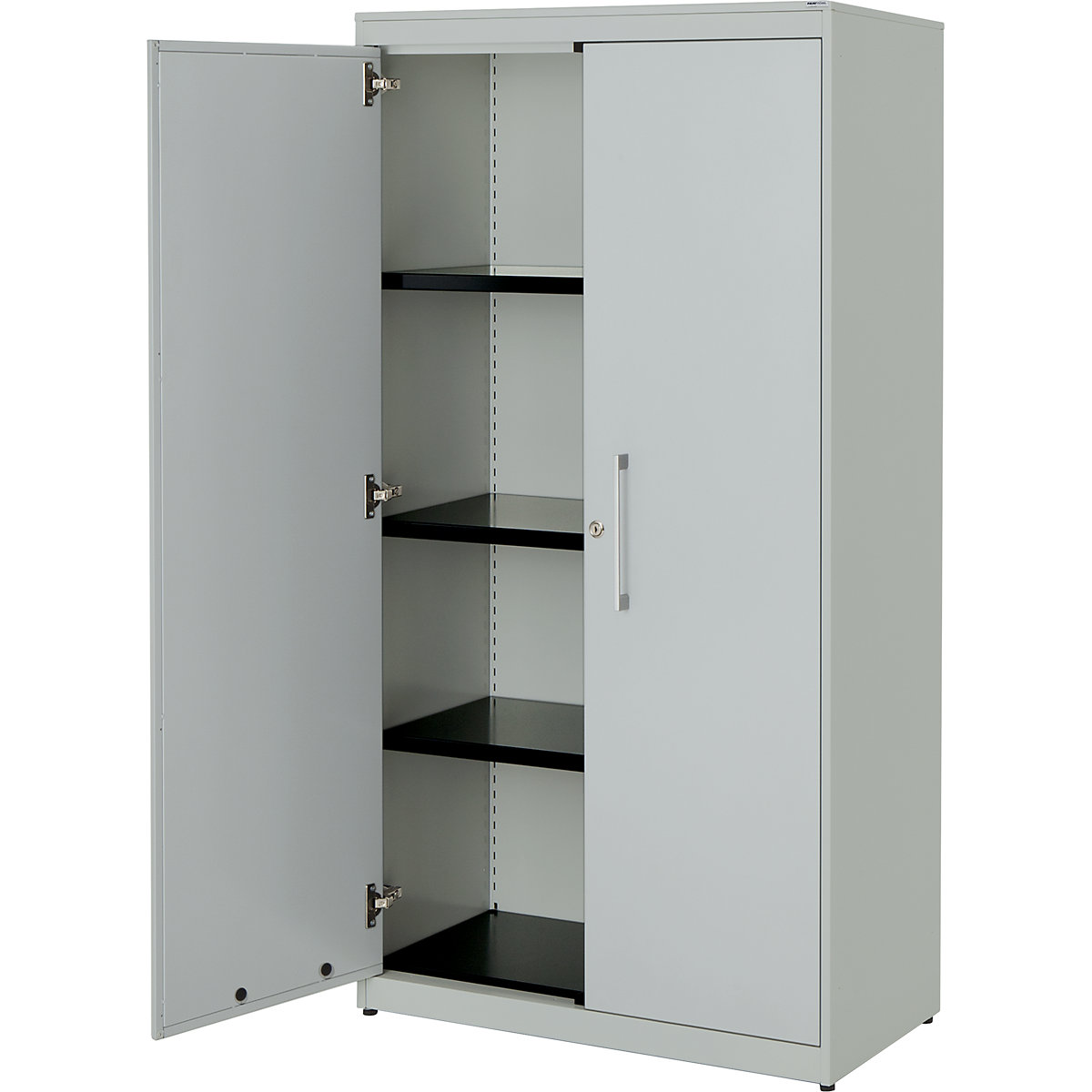 Double door cupboard – mauser, HxW 1516 x 800 mm, steel cover plate, 3 shelves, light grey / light grey / light grey-4