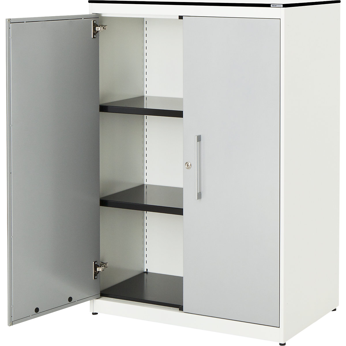 Double door cupboard – mauser, HxW 1168 x 800 mm, HPL solid core panel, 2 shelves, pure white / white aluminium / white-3