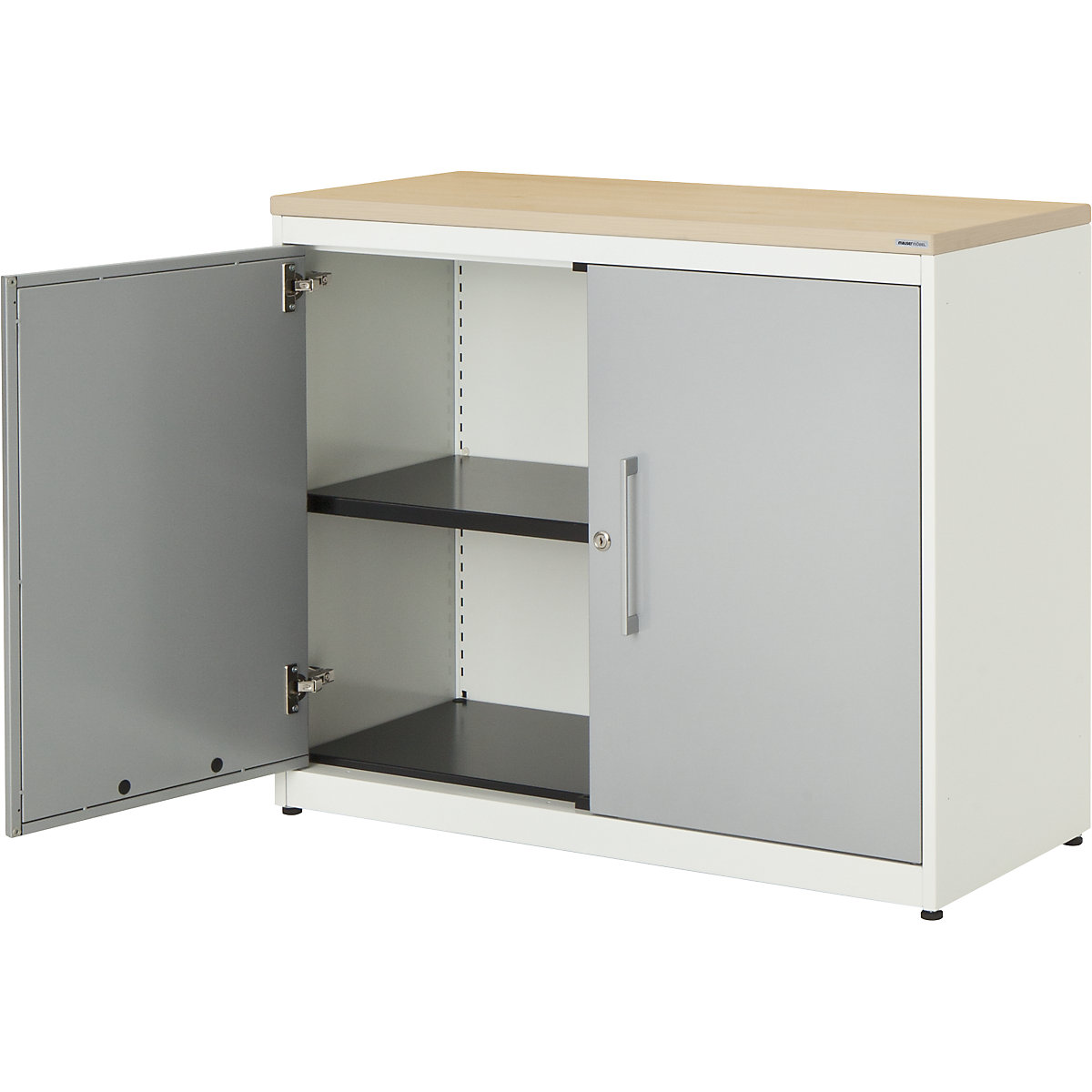 Double door cupboard – mauser, HxW 830 x 1000 mm, plastic panel, 1 shelf, pure white / white aluminium / maple-7