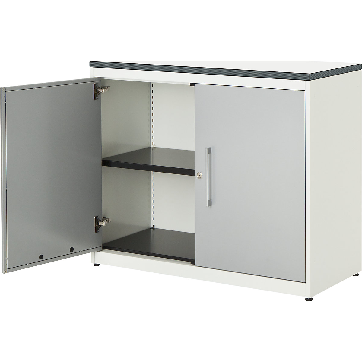 Double door cupboard – mauser, HxW 830 x 1000 mm, plastic panel, 1 shelf, pure white / white aluminium / white-4