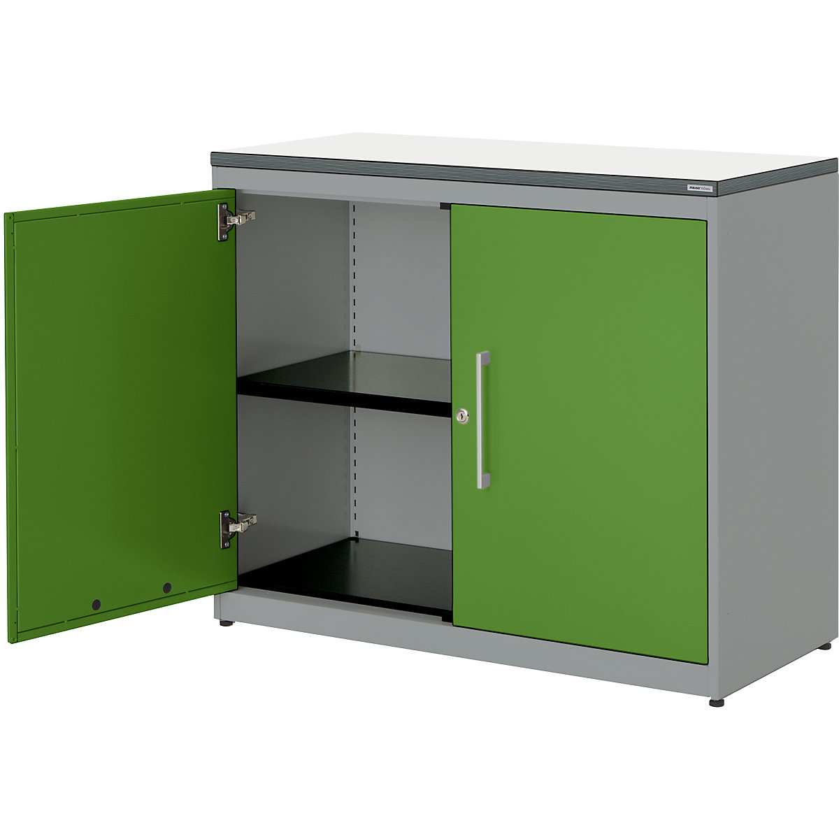 Double door cupboard – mauser, HxW 830 x 1000 mm, plastic panel, 1 shelf, white aluminium / yellow green / white-3