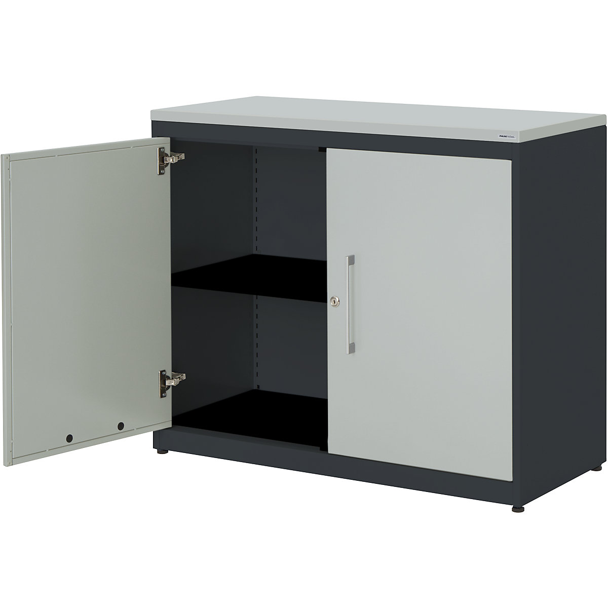 Double door cupboard – mauser, HxW 830 x 1000 mm, plastic panel, 1 shelf, charcoal / light grey / light grey-5