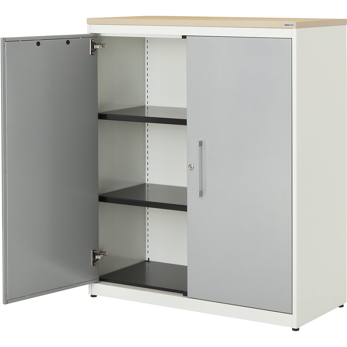Double door cupboard – mauser, HxW 1180 x 1000 mm, plastic panel, 2 shelves, pure white / white aluminium / maple-6