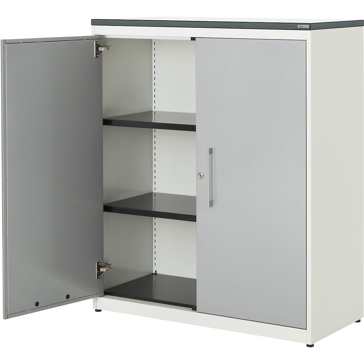 Double door cupboard – mauser, HxW 1180 x 1000 mm, plastic panel, 2 shelves, pure white / white aluminium / white-3