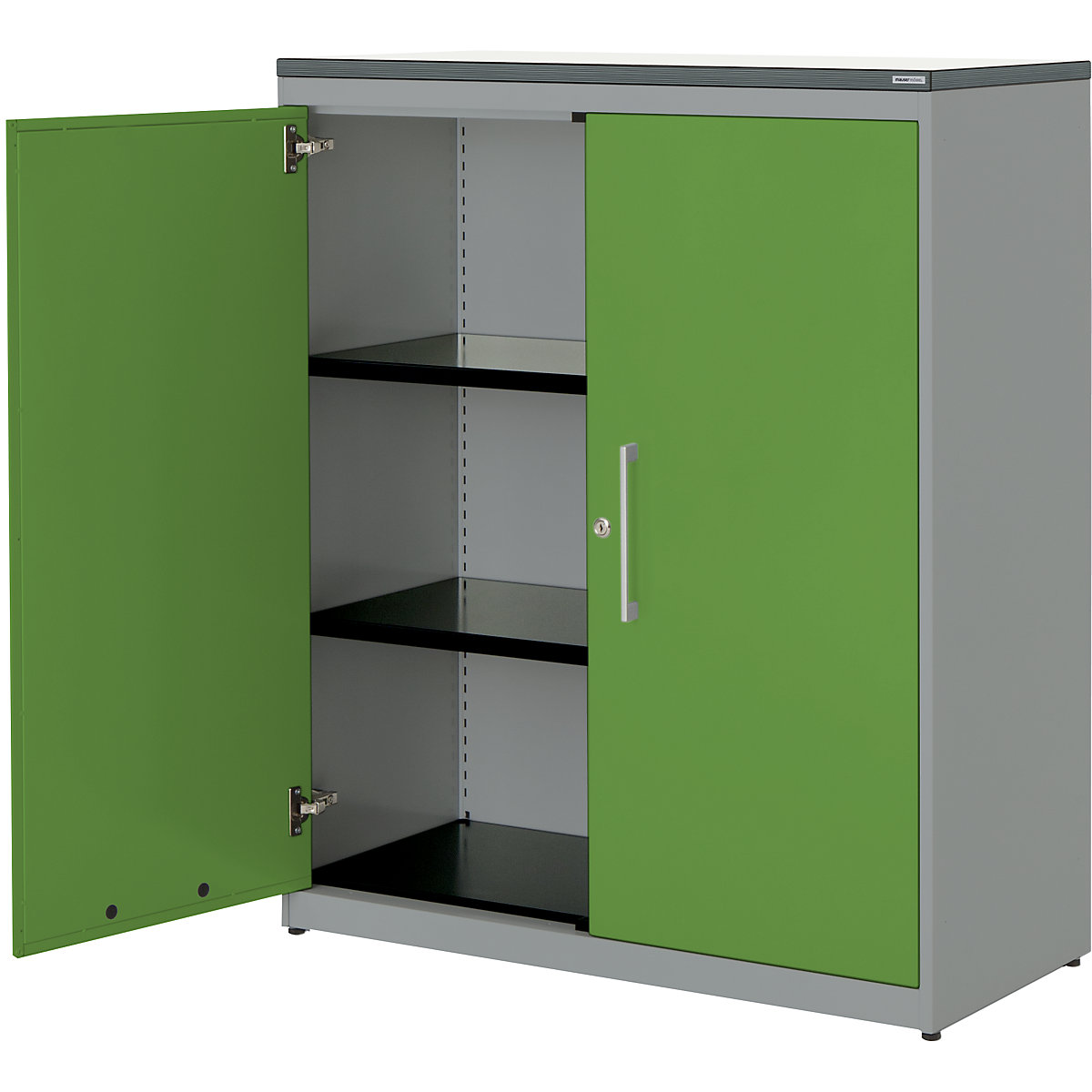 Double door cupboard – mauser, HxW 1180 x 1000 mm, plastic panel, 2 shelves, white aluminium / yellow green / white-4