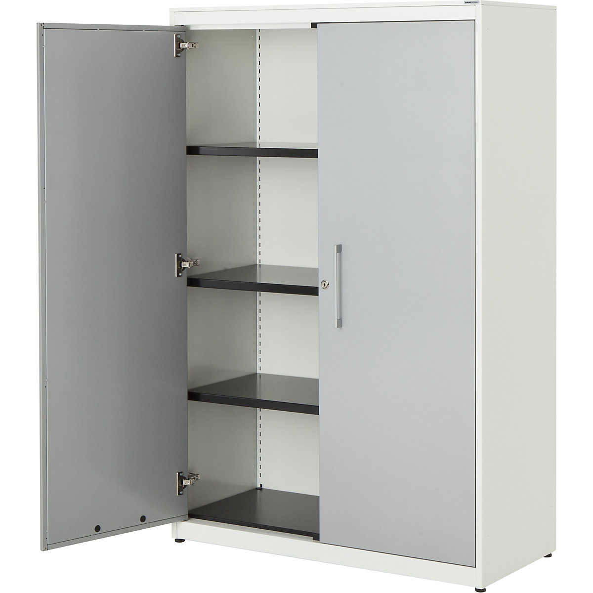 Double door cupboard – mauser, HxW 1516 x 1000 mm, steel cover plate, 3 shelves, pure white / white aluminium / pure white-5