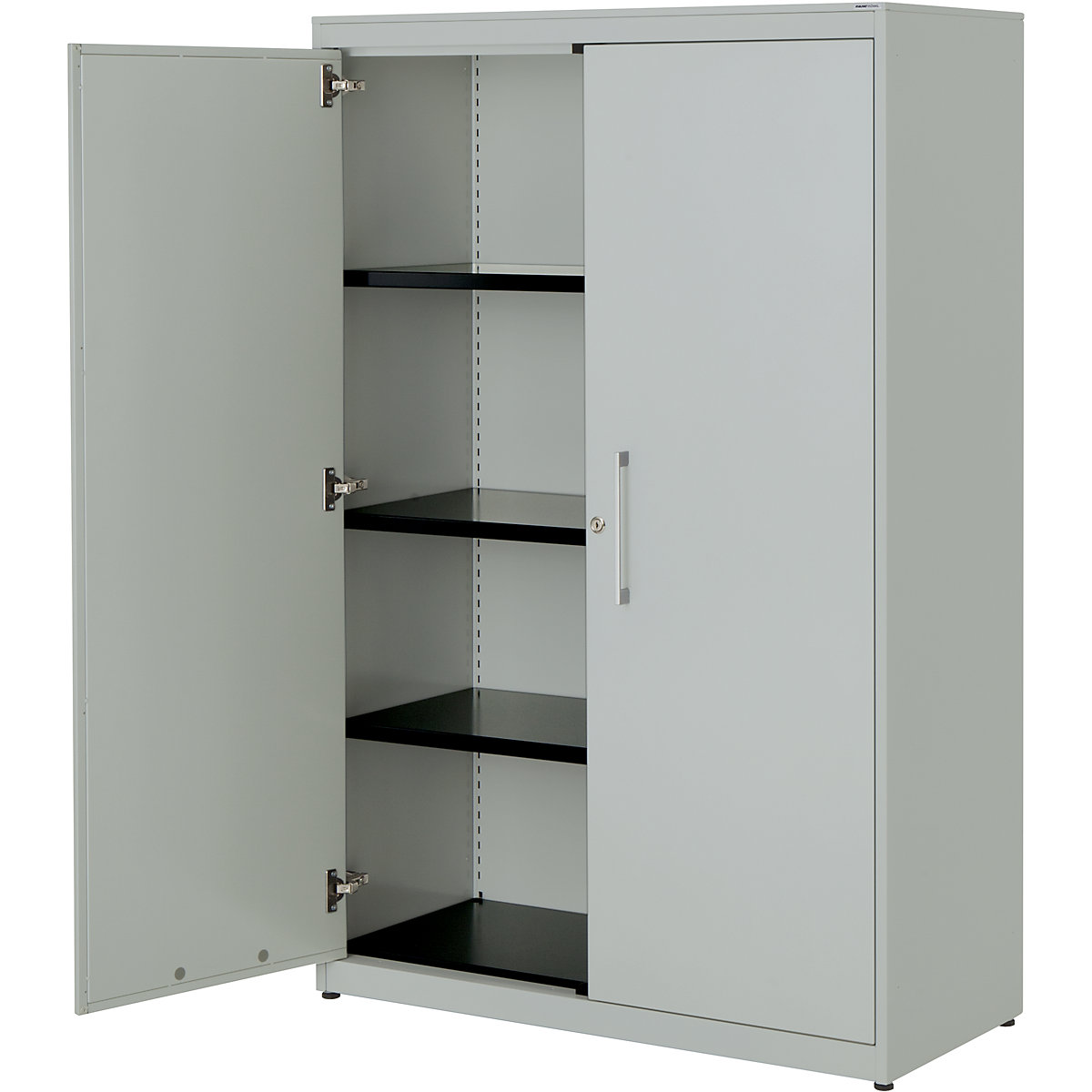 Double door cupboard – mauser, HxW 1516 x 1000 mm, steel cover plate, 3 shelves, light grey / light grey / light grey-3