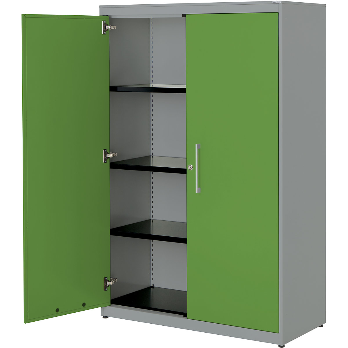 Double door cupboard – mauser, HxW 1516 x 1000 mm, steel cover plate, 3 shelves, white aluminium / yellow green / white aluminium-4