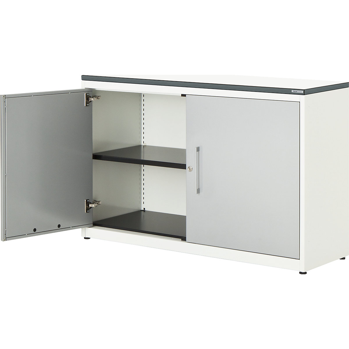 Double door cupboard – mauser, HxW 830 x 1200 mm, plastic panel, 1 shelf, pure white / white aluminium / white-6