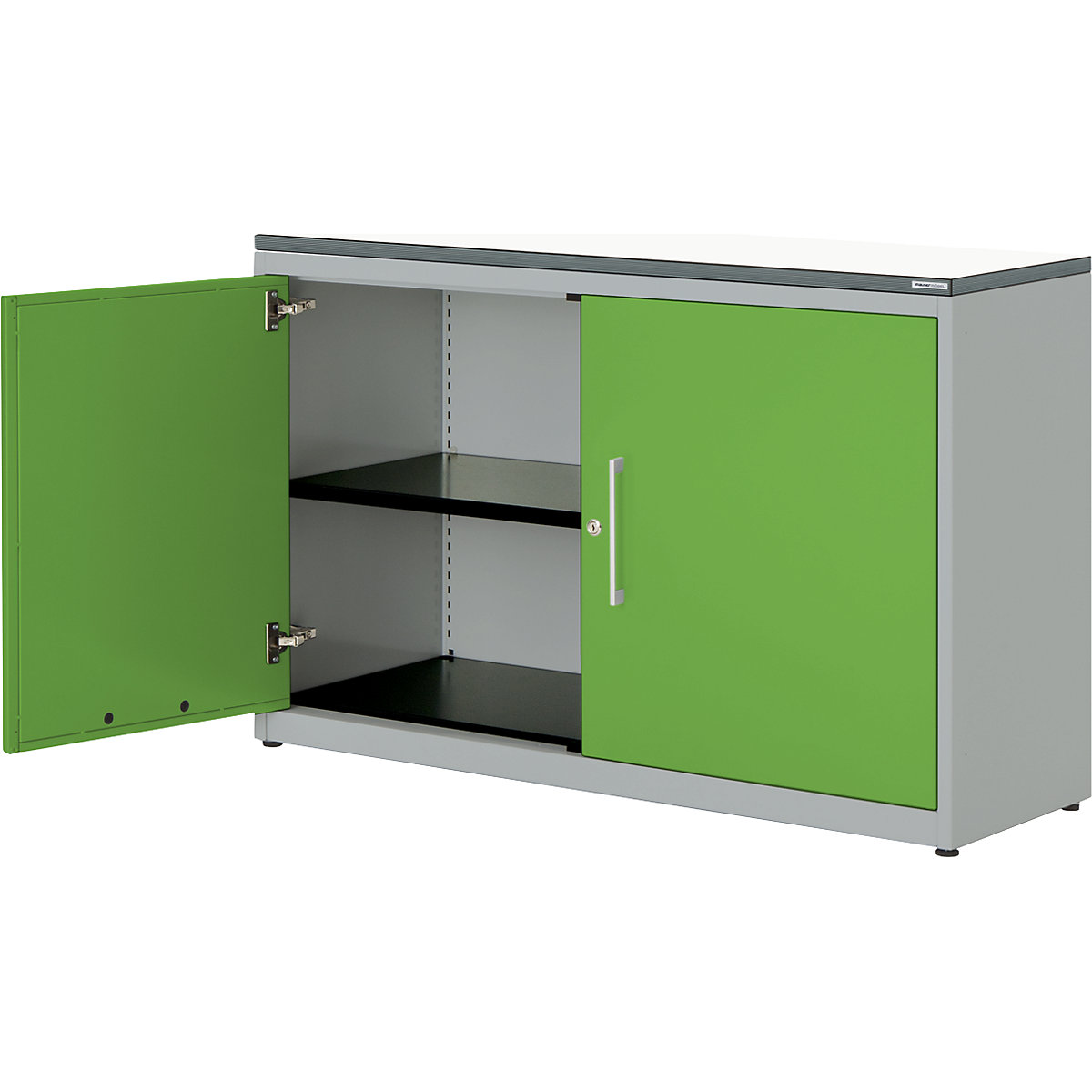 Double door cupboard – mauser, HxW 830 x 1200 mm, plastic panel, 1 shelf, white aluminium / yellow green / white-4