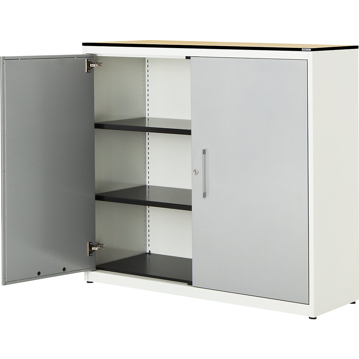 Double door cupboard – mauser, HxW 1168 x 1200 mm, HPL solid core panel, 2 shelves, pure white / white aluminium / maple-3