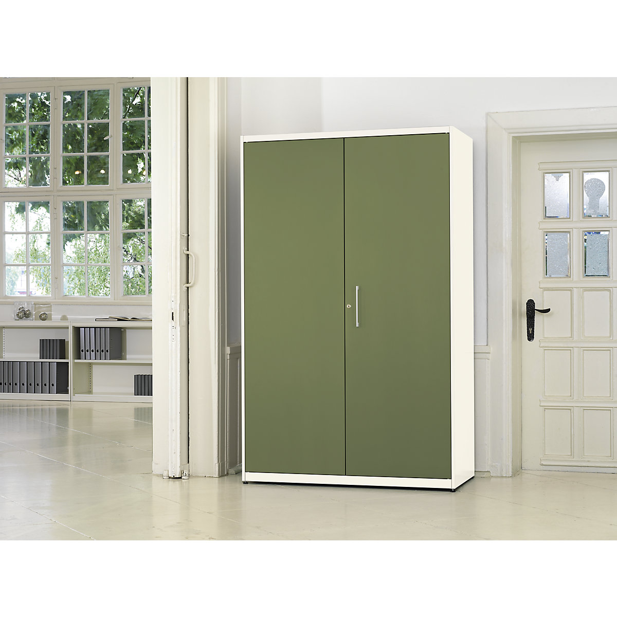 Double door cupboard – mauser, HxW 1956 x 1200 mm, steel cover plate, 4 shelves, pure white / reed green / pure white-11