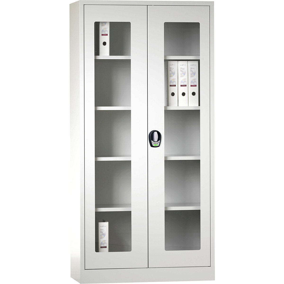 Double door cupboard with E lock – Wolf, with vision panel doors, light grey / light grey-10
