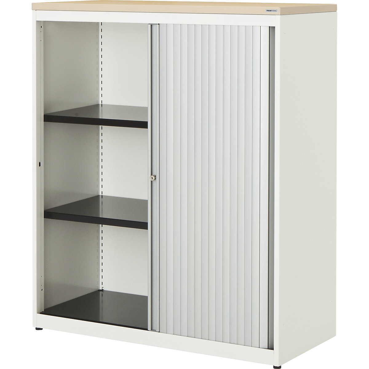 Horizontal roller shutter cupboard – mauser, HxWxD 1180 x 800 x 432 mm, plastic panel, 2 shelves, pure white / aluminium colour / maple-2
