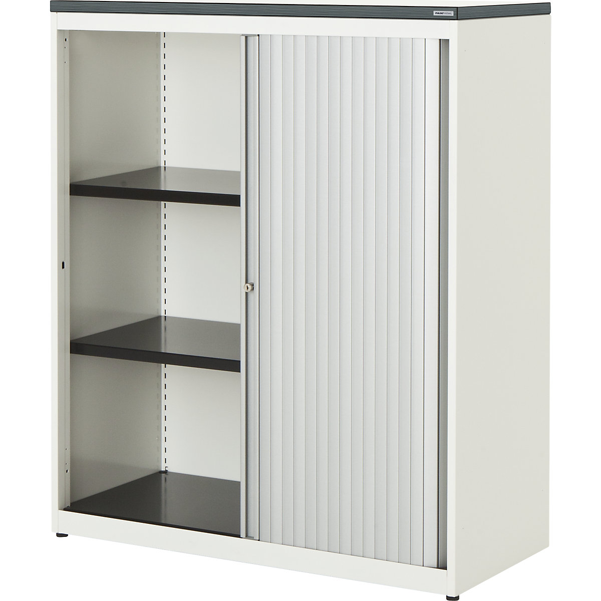 Horizontal roller shutter cupboard – mauser, HxWxD 1180 x 800 x 432 mm, plastic panel, 2 shelves, pure white / aluminium colour / white-4