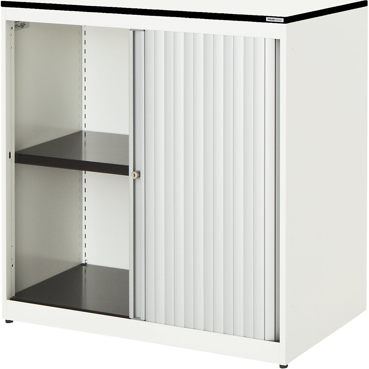 Horizontal roller shutter cupboard – mauser, HxWxD 818 x 800 x 432 mm, solid core panel, 1 shelf, pure white / aluminium colour / white-2