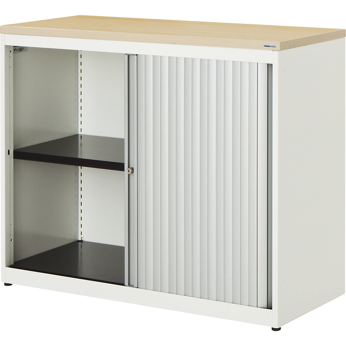 Horizontal roller shutter cupboard – mauser, HxWxD 830 x 1000 x 432 mm, plastic panel, 1 shelf, pure white / aluminium colour / maple-4