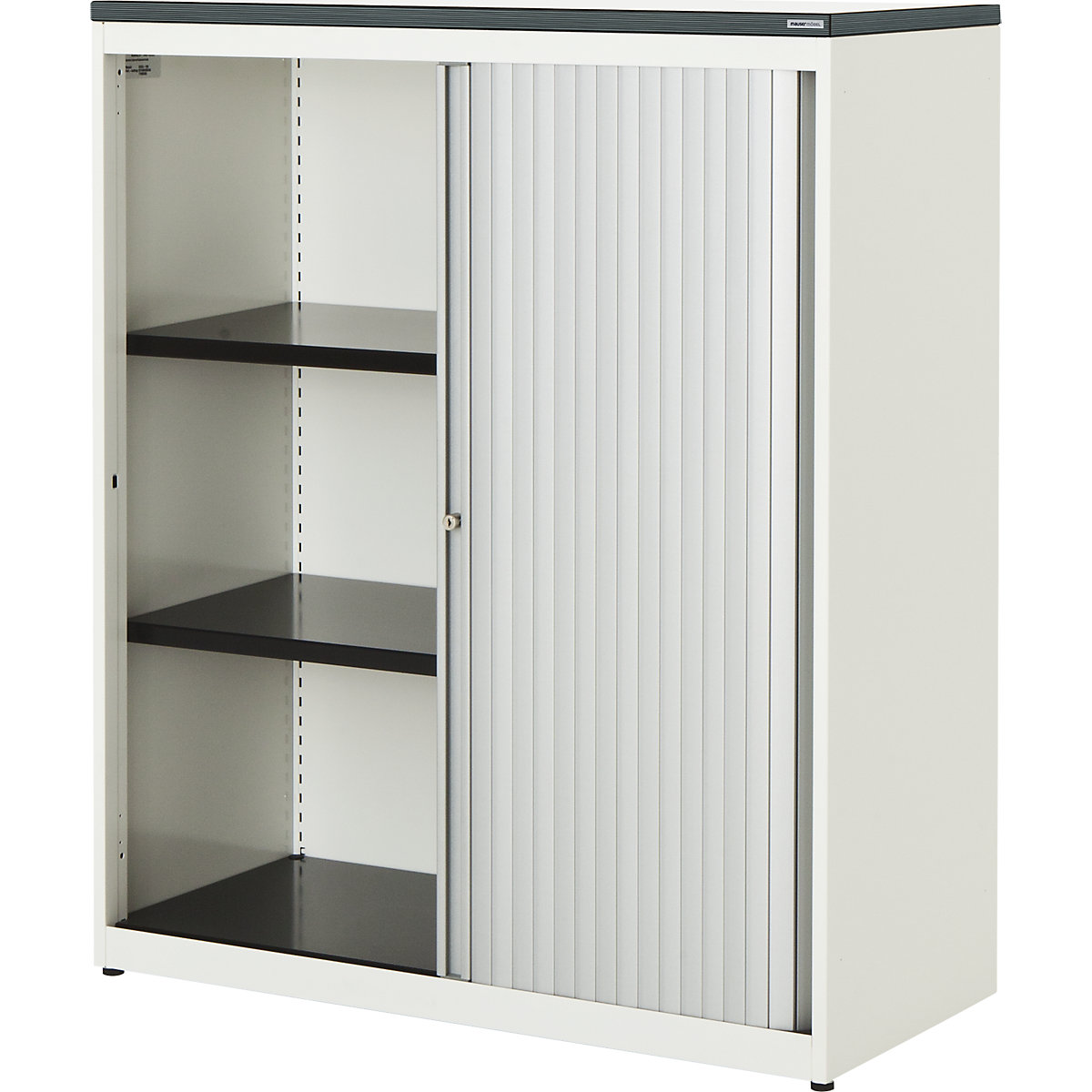 Horizontal roller shutter cupboard – mauser, HxWxD 1180 x 1000 x 432 mm, plastic panel, 2 shelves, pure white / aluminium colour / white-4