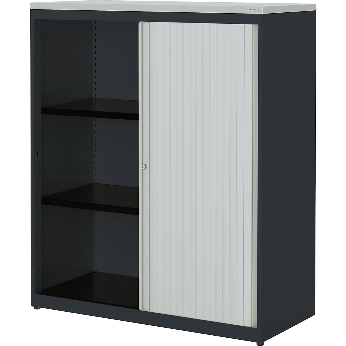 Horizontal roller shutter cupboard – mauser, HxWxD 1180 x 1000 x 432 mm, plastic panel, 2 shelves, charcoal / light grey / light grey-5