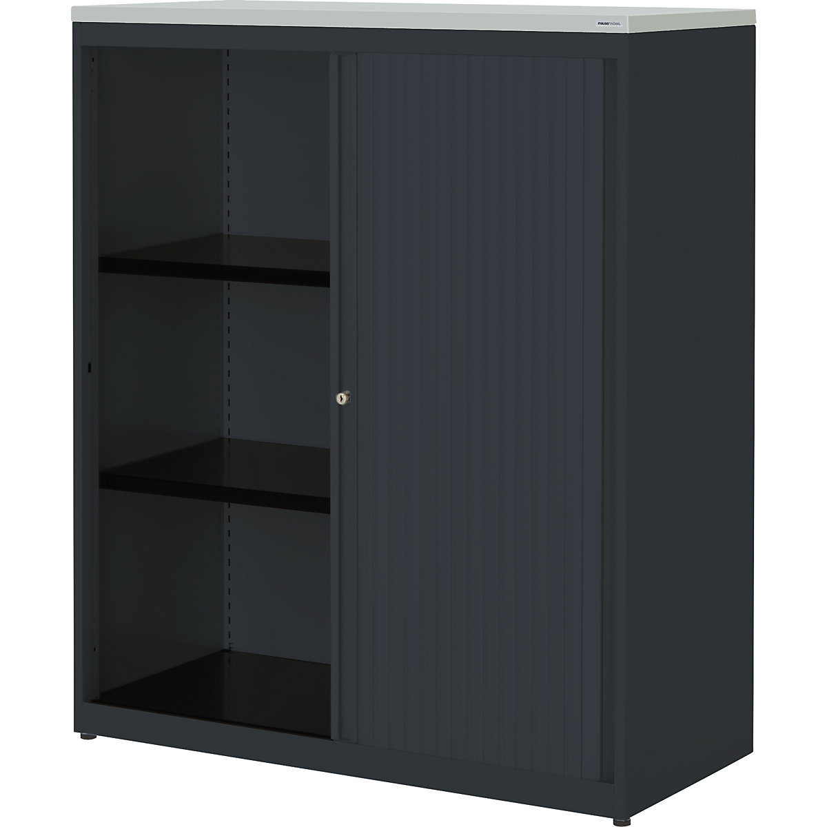 Horizontal roller shutter cupboard – mauser, HxWxD 1180 x 1000 x 432 mm, plastic panel, 2 shelves, charcoal / charcoal / light grey-2