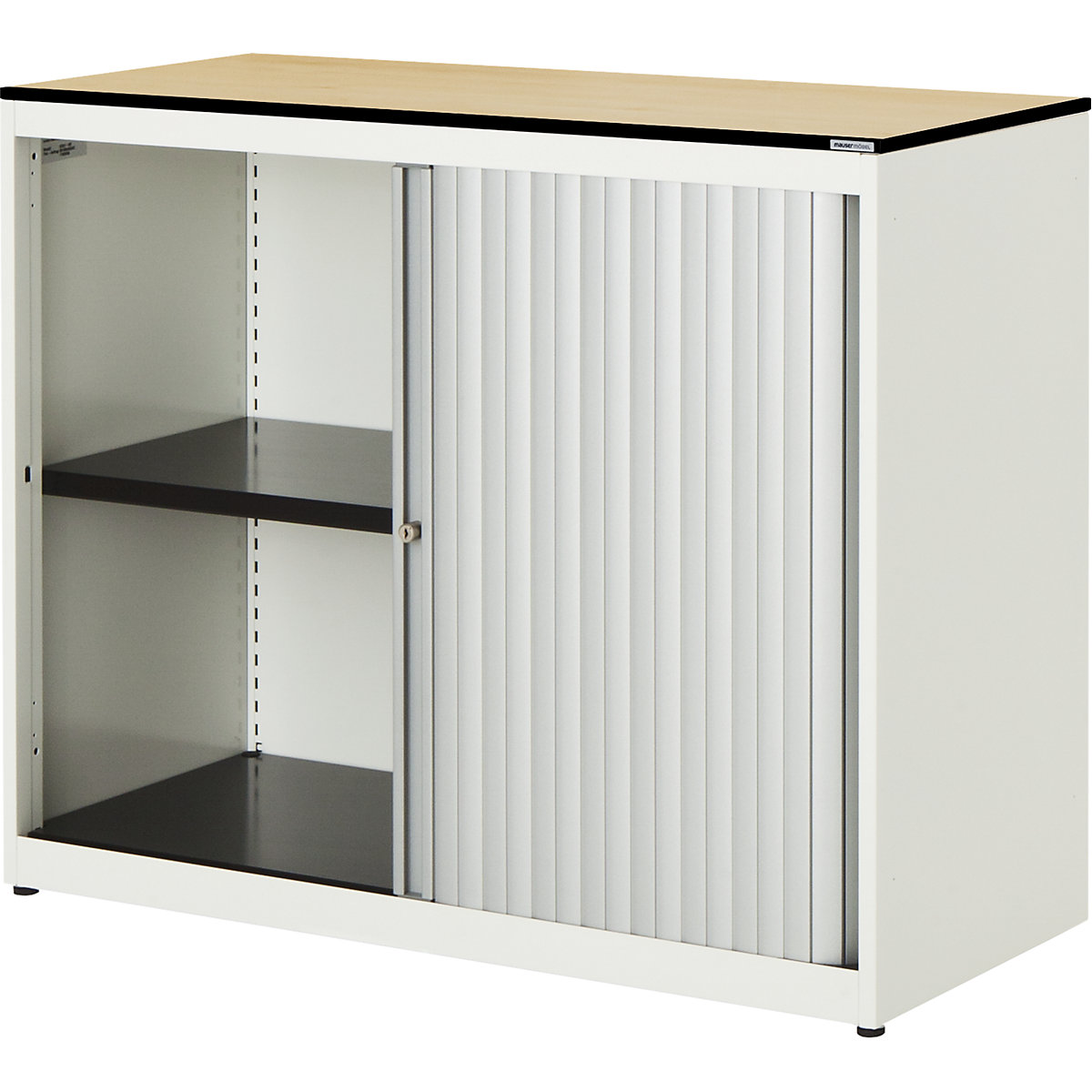 Horizontal roller shutter cupboard – mauser, HxWxD 818 x 1000 x 432 mm, solid core panel, 1 shelf, pure white / aluminium colour / maple-2