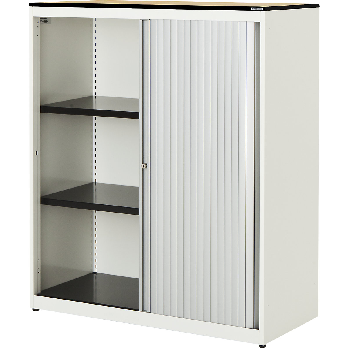 Horizontal roller shutter cupboard – mauser, HxWxD 1168 x 1000 x 432 mm, solid core panel, 2 shelves, pure white / aluminium colour / maple-2