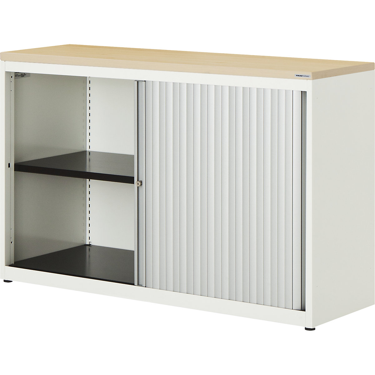Horizontal roller shutter cupboard – mauser, HxWxD 830 x 1200 x 432 mm, plastic panel, 1 shelf, pure white / aluminium colour / maple-5