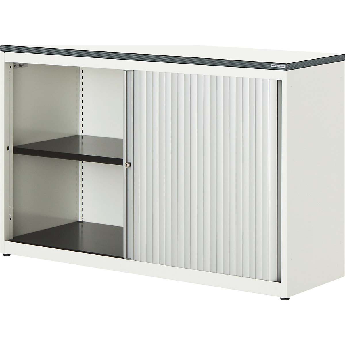 Horizontal roller shutter cupboard – mauser, HxWxD 830 x 1200 x 432 mm, plastic panel, 1 shelf, pure white / aluminium colour / white-2