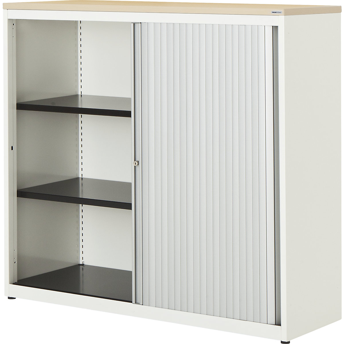 Horizontal roller shutter cupboard – mauser, HxWxD 1180 x 1200 x 432 mm, plastic panel, 2 shelves, pure white / aluminium colour / maple-4