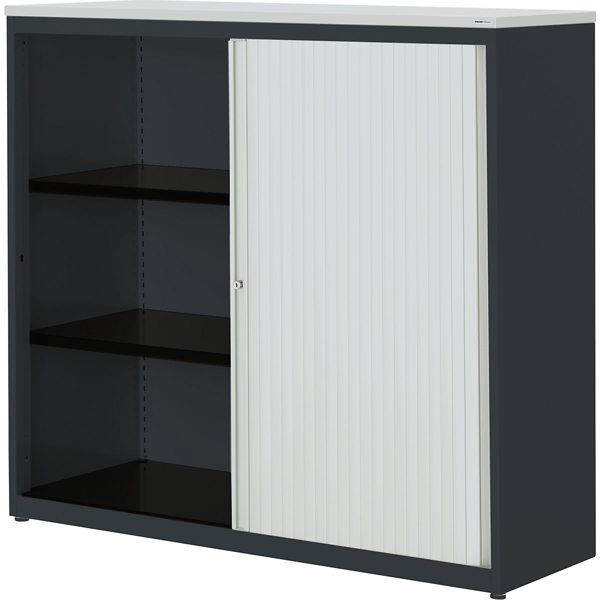 Horizontal roller shutter cupboard – mauser, HxWxD 1180 x 1200 x 432 mm, plastic panel, 2 shelves, charcoal / light grey / light grey-5