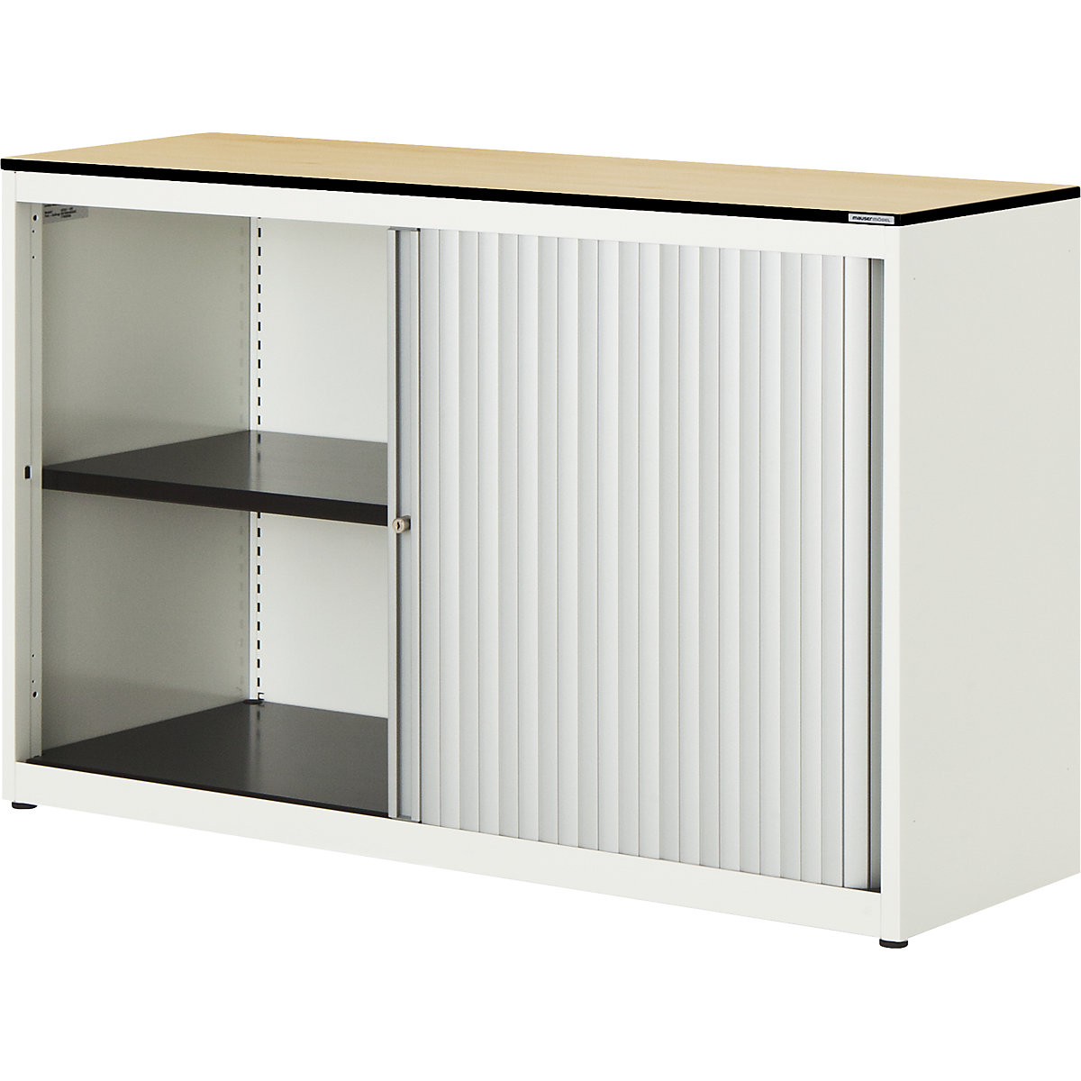 Horizontal roller shutter cupboard – mauser, HxWxD 818 x 1200 x 432 mm, solid core panel, 1 shelf, pure white / aluminium colour / maple-2