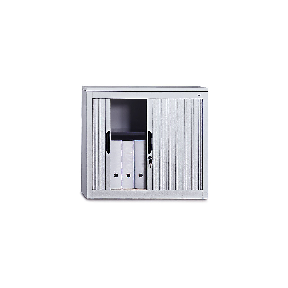 Roller shutter cupboard with horizontal shutter – C+P, HxWxD 1030 x 1000 x 420 mm, 2 shelves, 2.5 file heights, white aluminium-5