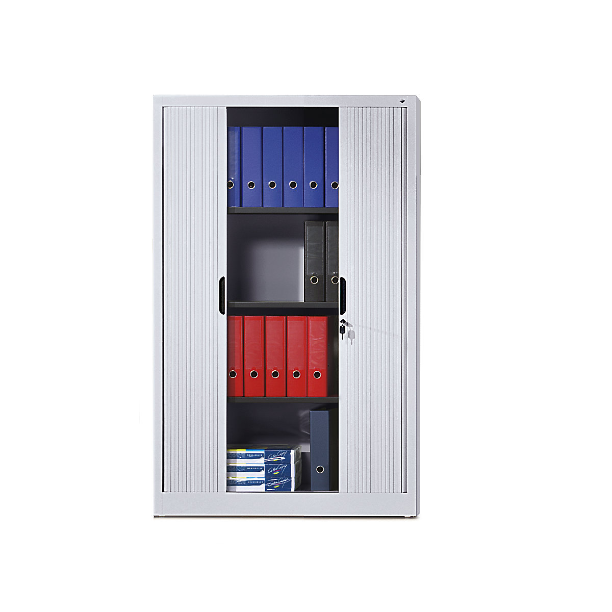 Roller shutter cupboard with horizontal shutter – C+P, HxWxD 1980 x 800 x 420 mm, 4 shelves, 5 file heights, white aluminium-3