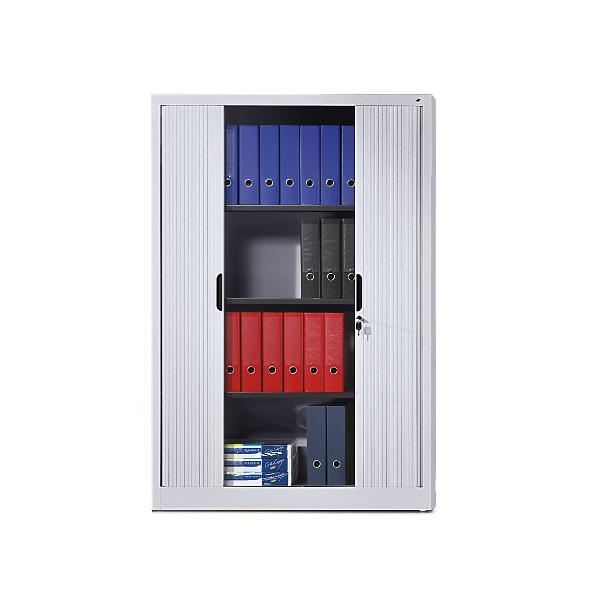 Roller shutter cupboard with horizontal shutter – C+P, HxWxD 1980 x 1000 x 420 mm, 4 shelves, 5 file heights, white aluminium-5