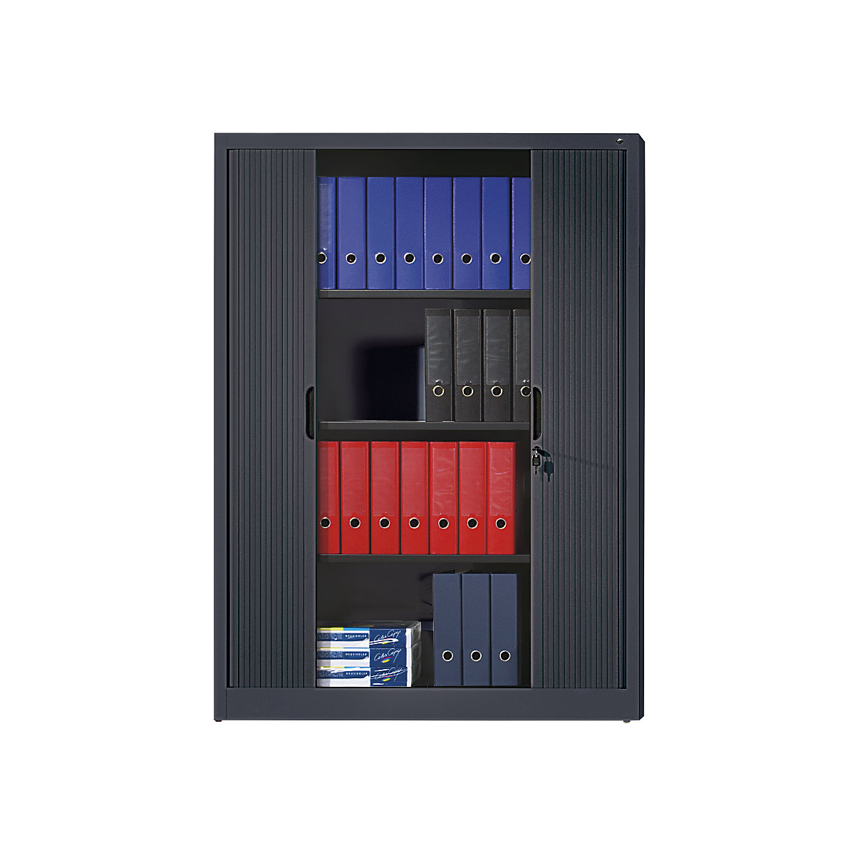 Roller shutter cupboard with horizontal shutter – C+P, HxWxD 1660 x 1200 x 420 mm, 3 shelves, 4 file heights, black grey-6