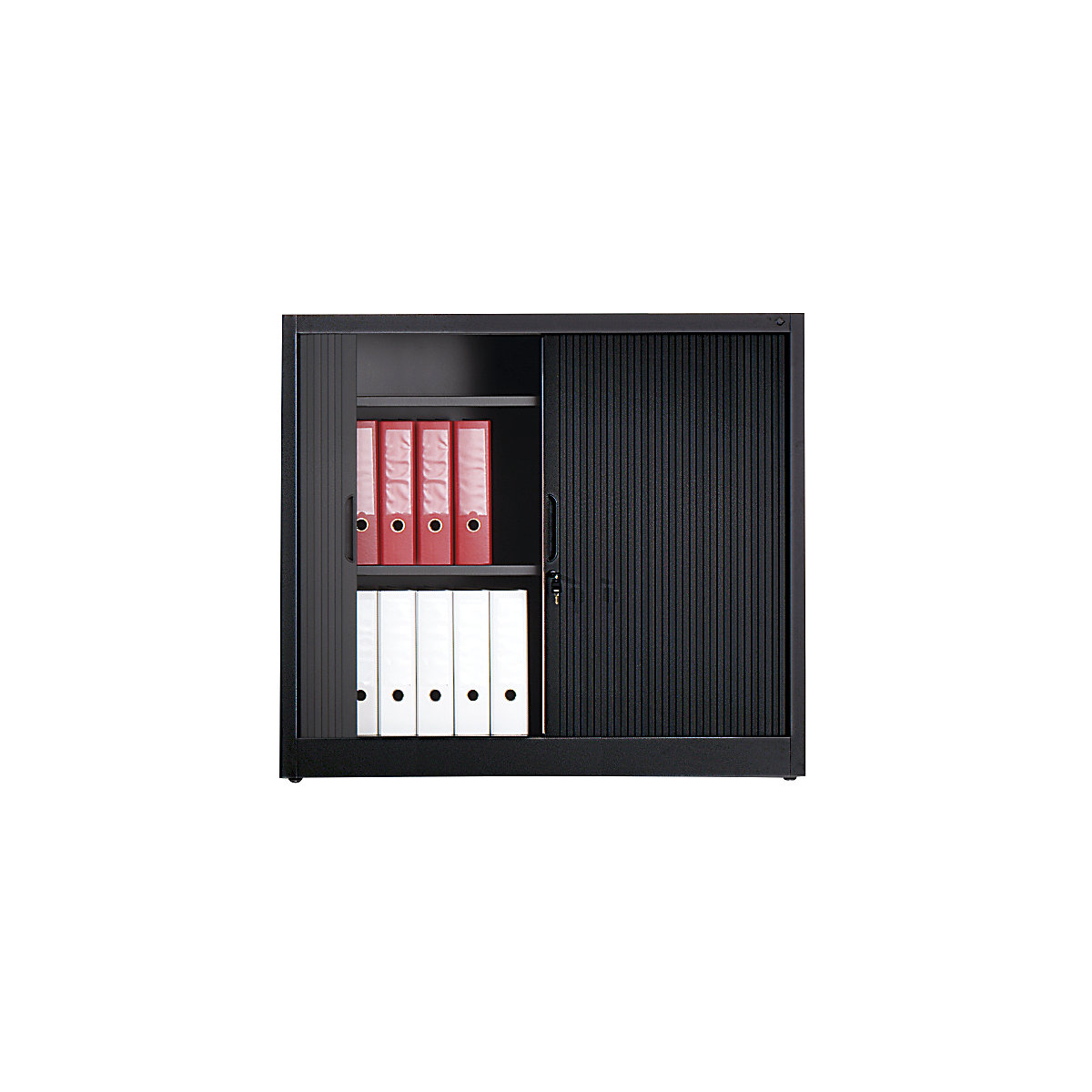 Roller shutter cupboard with horizontal shutter – C+P, HxWxD 1030 x 1200 x 420 mm, 2 shelves, 2.5 file heights, black grey-4