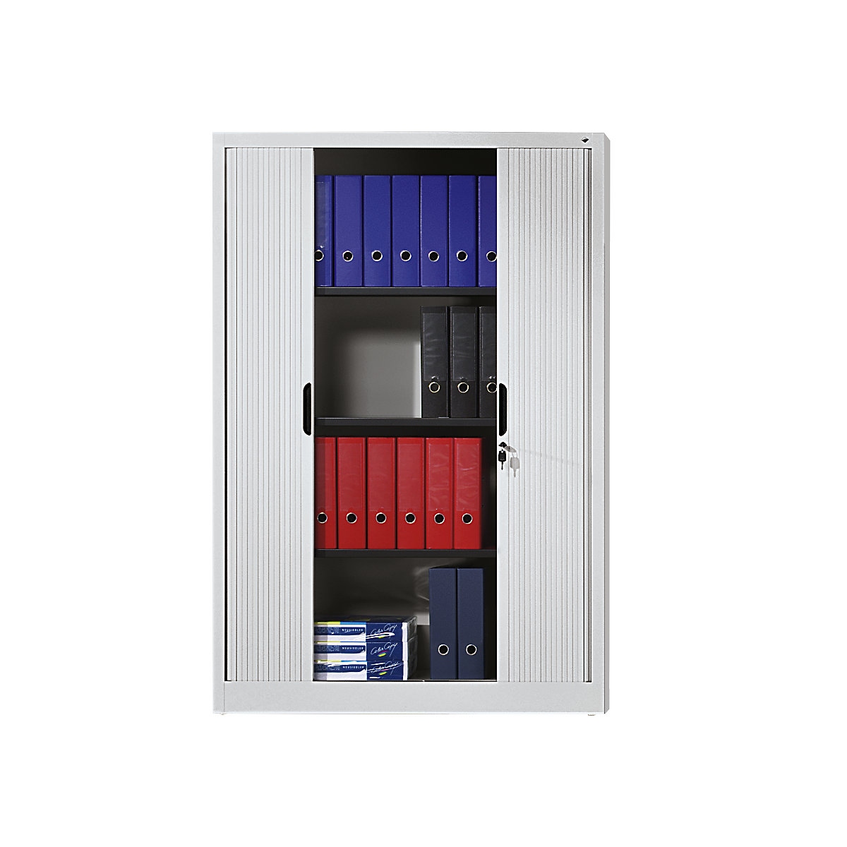 Roller shutter cupboard with horizontal shutter – C+P, HxWxD 1980 x 1000 x 420 mm, 4 shelves, 5 file heights, light grey-4
