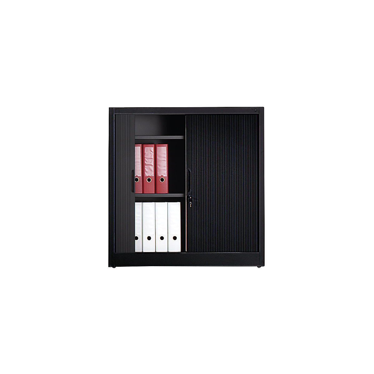 Roller shutter cupboard with horizontal shutter – C+P, HxWxD 1030 x 1000 x 420 mm, 2 shelves, 2.5 file heights, black grey-3