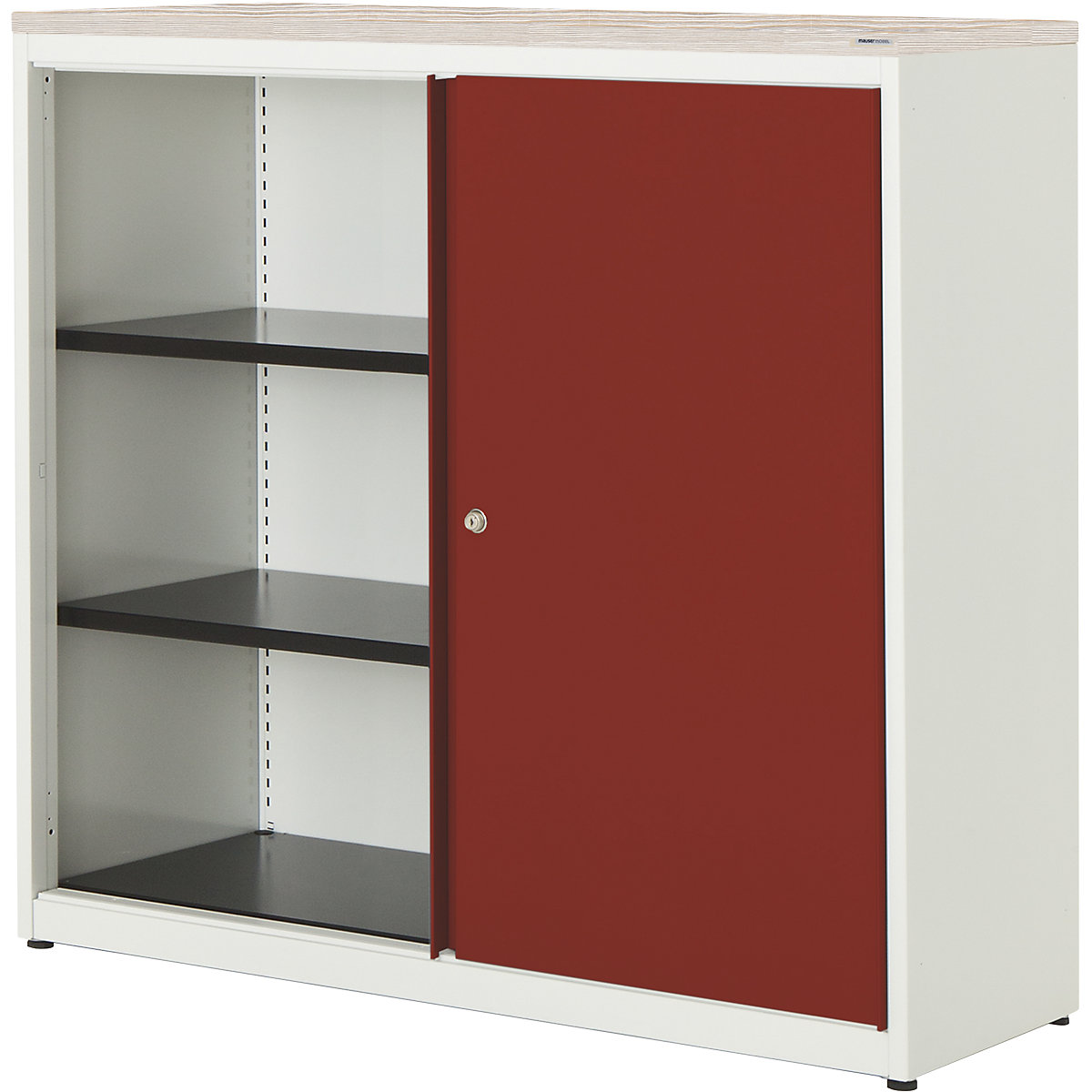 Sliding door cupboard – mauser, HxWxD 1180 x 1200 x 432 mm, plastic panel, 2 shelves, pure white / ruby red / alpine larch-4