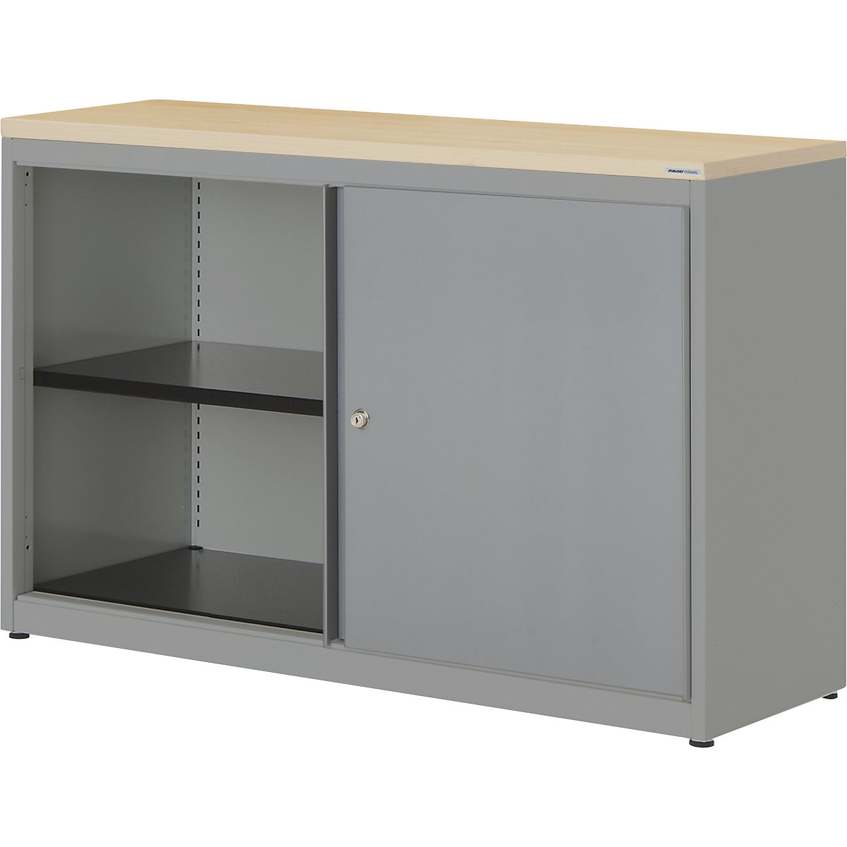 Sliding door cupboard – mauser, HxWxD 830 x 1200 x 432 mm, plastic panel, 1 shelf, white aluminium / white aluminium / maple-6