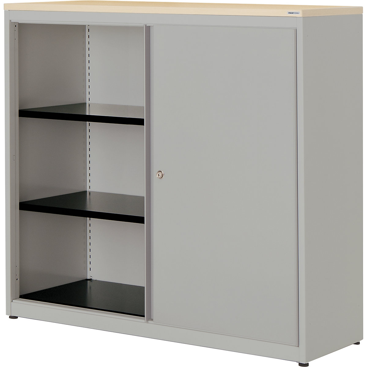 Sliding door cupboard – mauser, HxWxD 1180 x 1200 x 432 mm, plastic panel, 2 shelves, white aluminium / white aluminium / maple-5