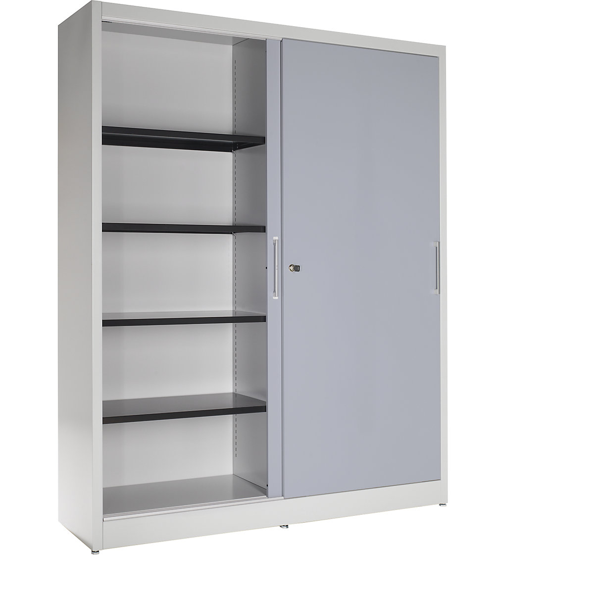 Sliding door cupboard – mauser, with 8 shelves, centre partition, HxWxD 1965 x 1600 x 420 mm, light grey / white aluminium-8