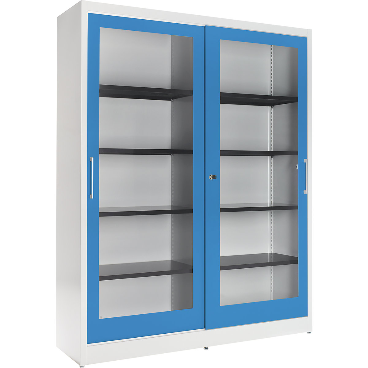 Sliding door cupboard – mauser, with glass front, 8 shelves, centre partition, HxWxD 1965 x 1600 x 420 mm, light grey / light blue-6