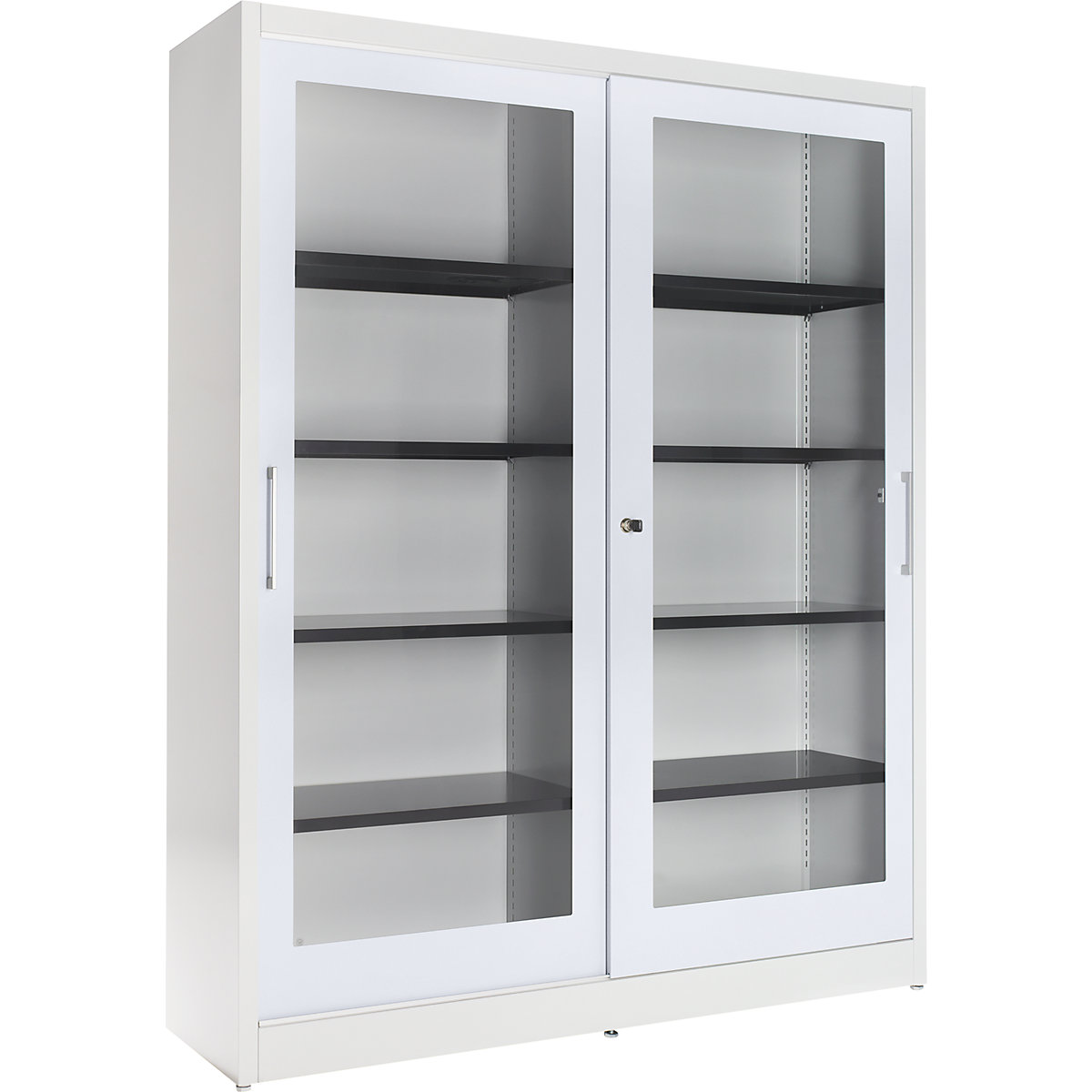Sliding door cupboard – mauser, with glass front, 8 shelves, centre partition, HxWxD 1965 x 1600 x 420 mm, light grey / white aluminium-8