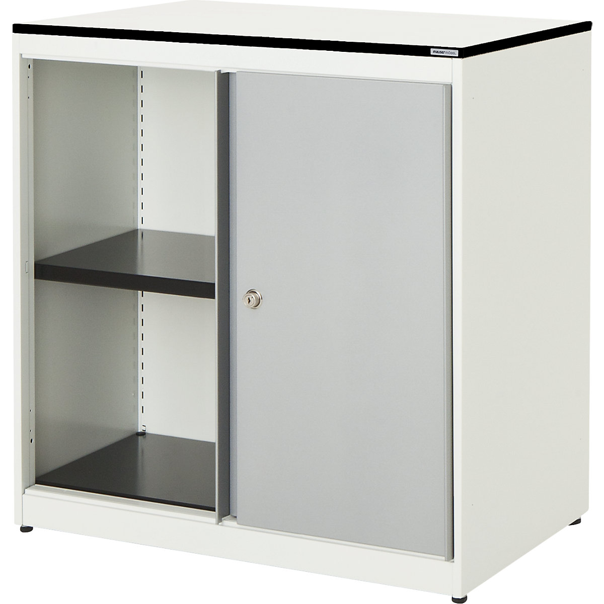 Sliding door cupboard – mauser, HxWxD 818 x 800 x 432 mm, solid core panel, 1 shelf, pure white / white aluminium / white-2