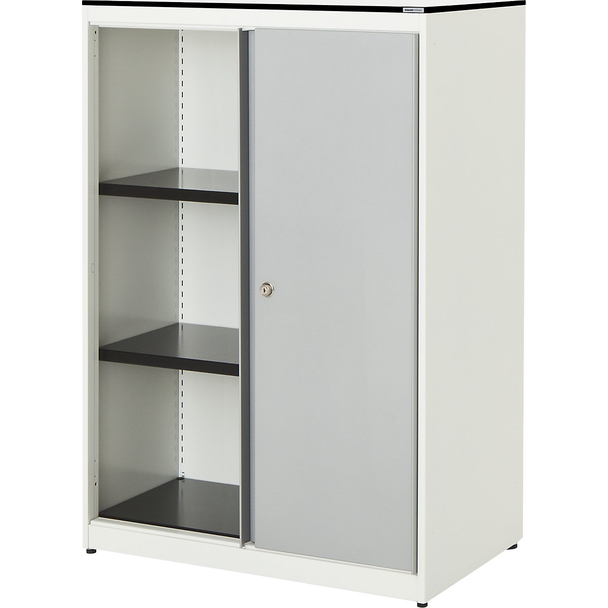 Sliding door cupboard – mauser, HxWxD 1168 x 800 x 432 mm, solid core panel, 2 shelves, pure white / white aluminium / white-2