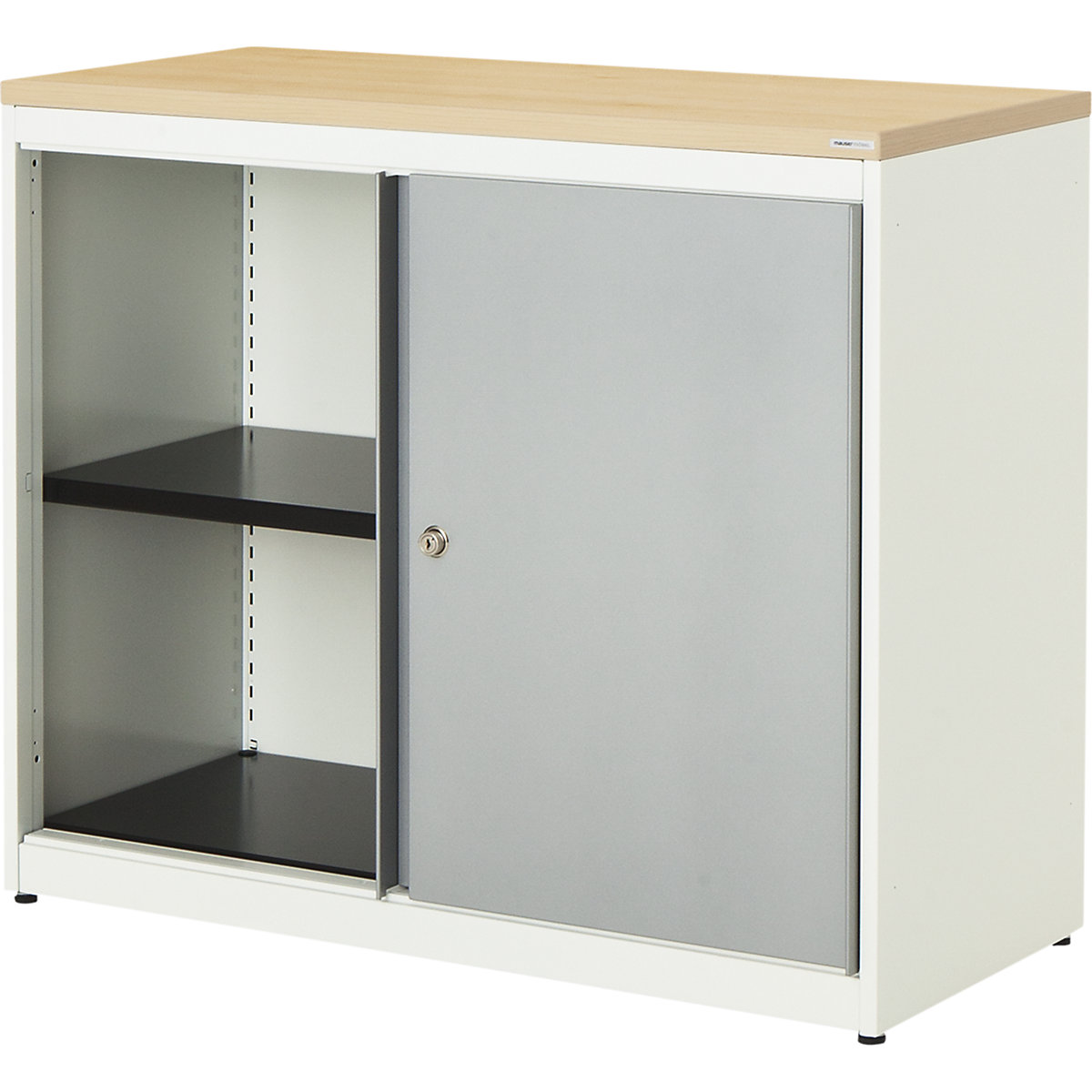 Sliding door cupboard – mauser, HxWxD 830 x 1000 x 432 mm, plastic panel, 1 shelf, pure white / white aluminium / maple-3