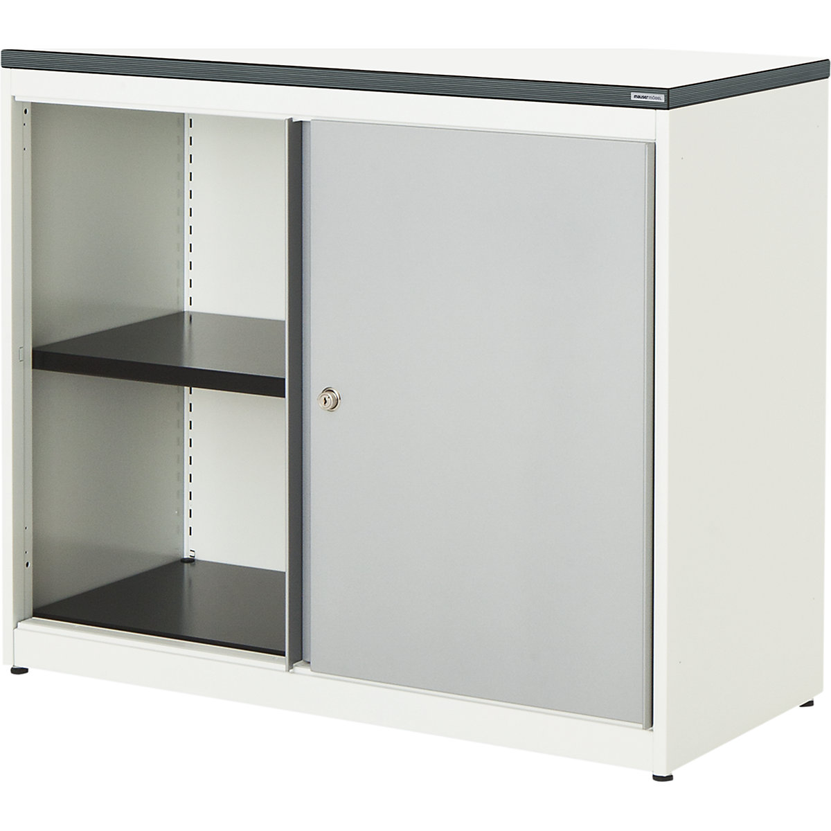 Sliding door cupboard – mauser, HxWxD 830 x 1000 x 432 mm, plastic panel, 1 shelf, pure white / white aluminium / white-6